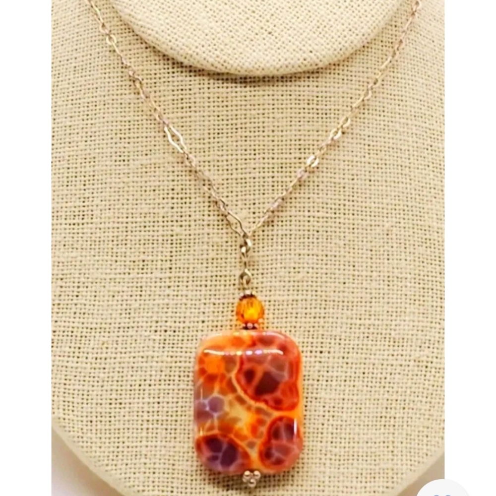 Fancy Carnelian Rect.  w/CZ Sterling Artisan  Necklace NWT